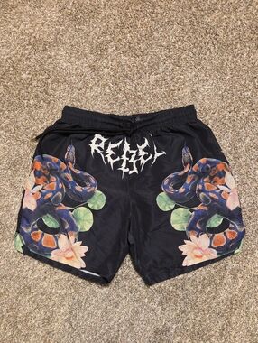 REBEL VENGENCE Black Floral Snake Print Men's Swim Shorts
